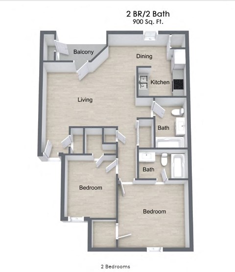 Floor plan for 2 beds, 2 baths, 991 sqft